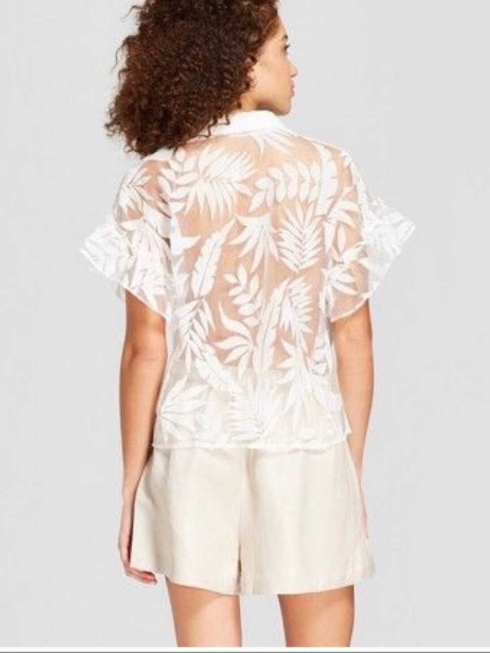 Sheer White Embroidered Short-Sleeve button collar Blouse - Picture 4 of 9
